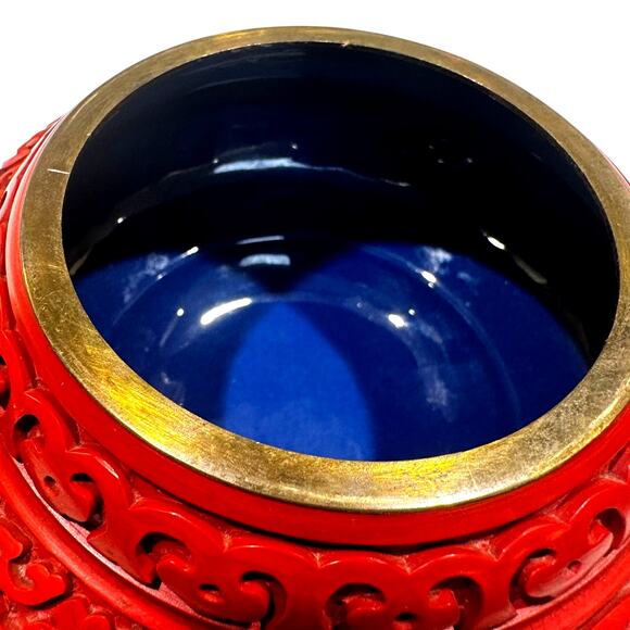 Antique Chinese Cinnabar Ornate Red Trinket Box Blue Enameled Brass Exquisite - Picture 4 of 9